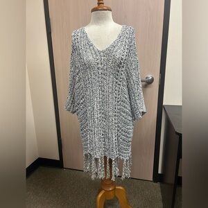 Chico's Black and White V-Neck Sweater with Fringe